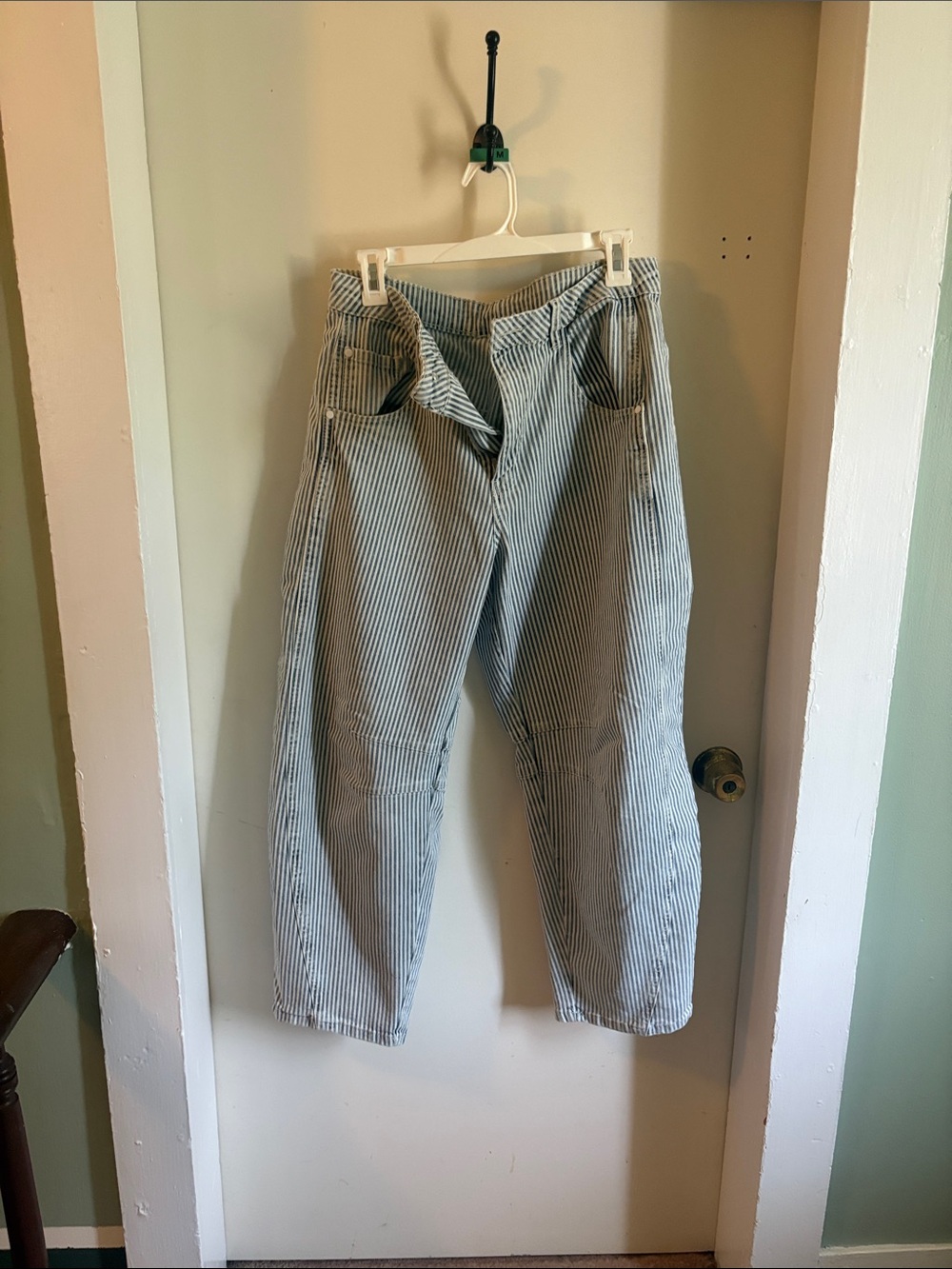 Custom tailored Women’s blue pin stripe barrel Jean